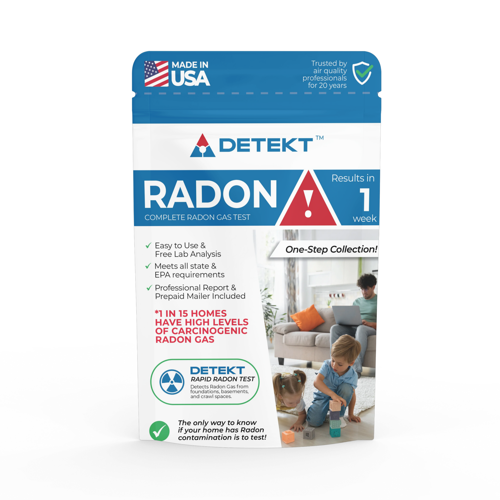 Home radon test kit for indoor air quality - Detekt Rapid Tests