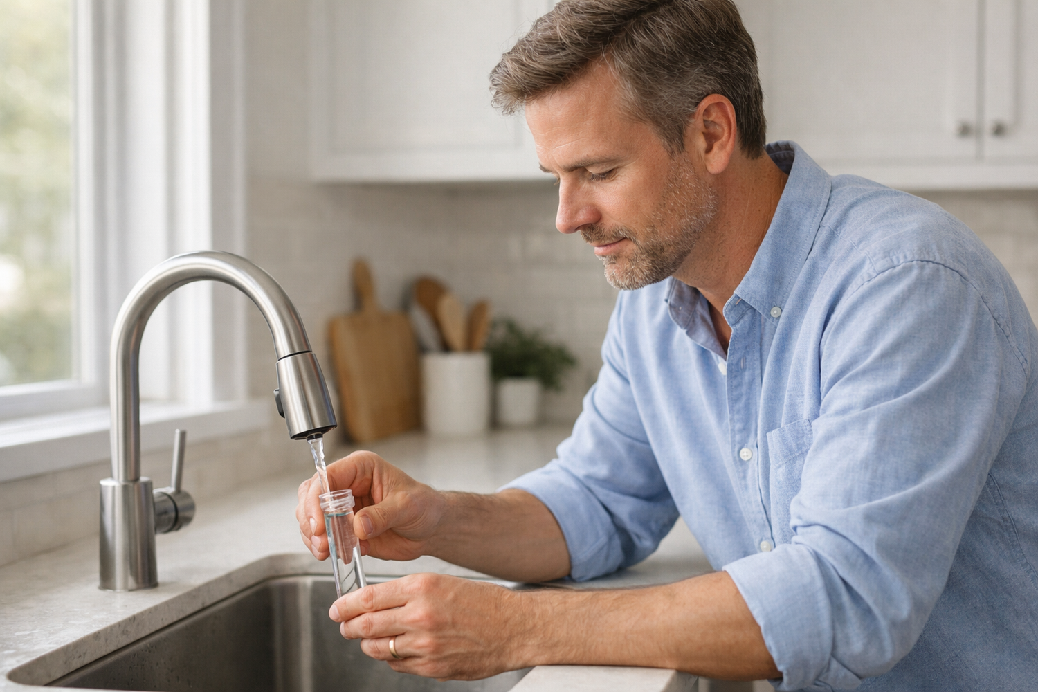 Homeowner filling a small vial with tap water in a kitchen